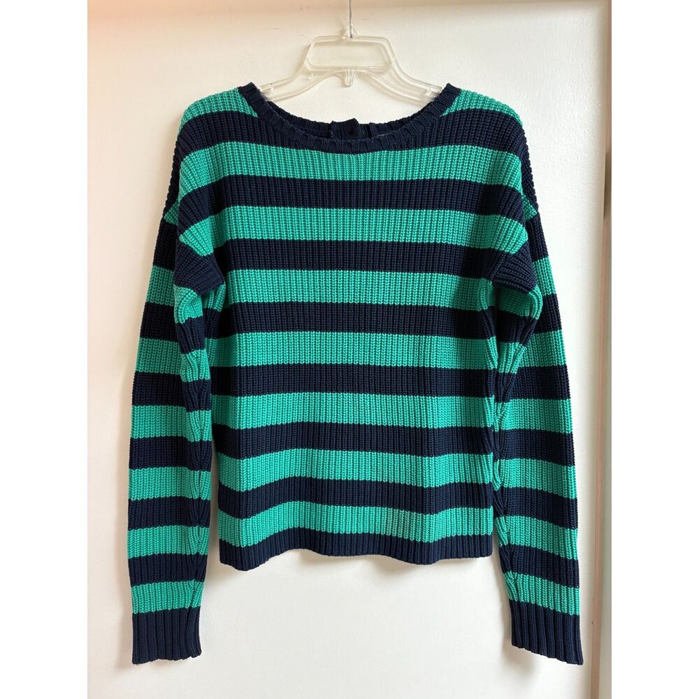 Vince Camuto Striped Back Button Sweater Womens Large L Teal Green Navy Knit Top